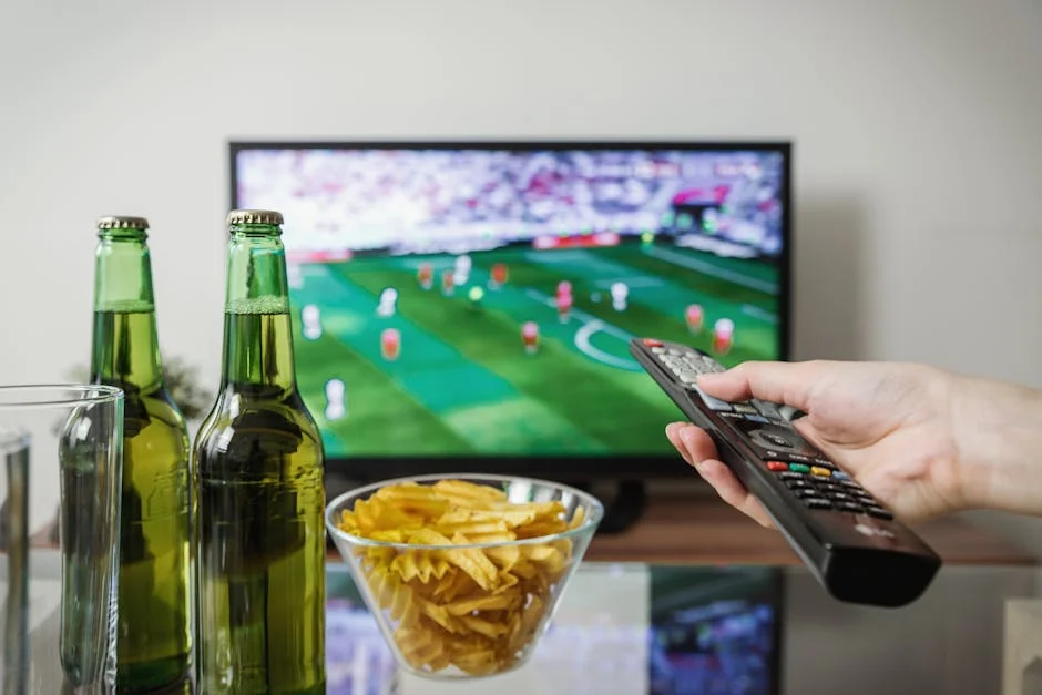 A person holding a remote while watching soccer on TV with beer and snacks on the table. - m3u iptv
