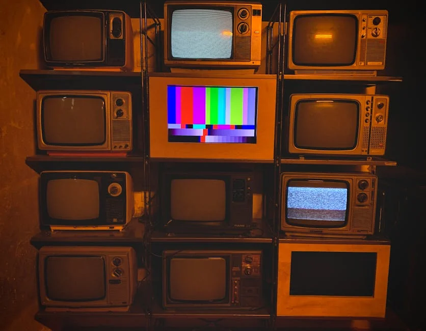 A collection of vintage televisions featuring static and color test patterns on the screens. - iptv m3u
