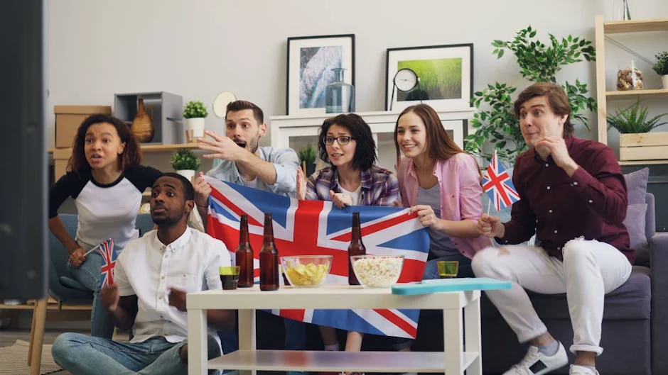 Group of friends enthusiastically watching a game at home, holding the UK flag and enjoying snacks. - iptv uk