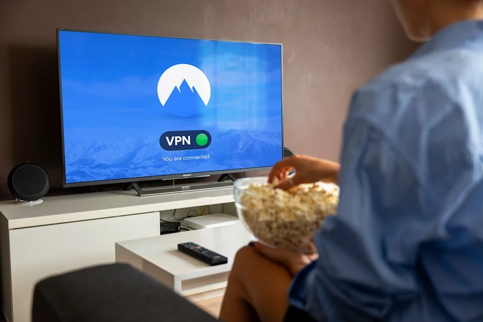 A relaxed scene at home with a person enjoying popcorn while watching a VPN-protected TV. - iptv m3u