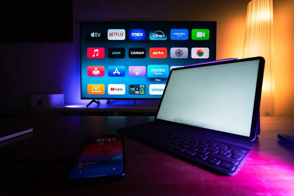 A modern home setup with a smart TV and tablet displaying various streaming apps, highlighting the digital lifestyle. - m3u iptv
