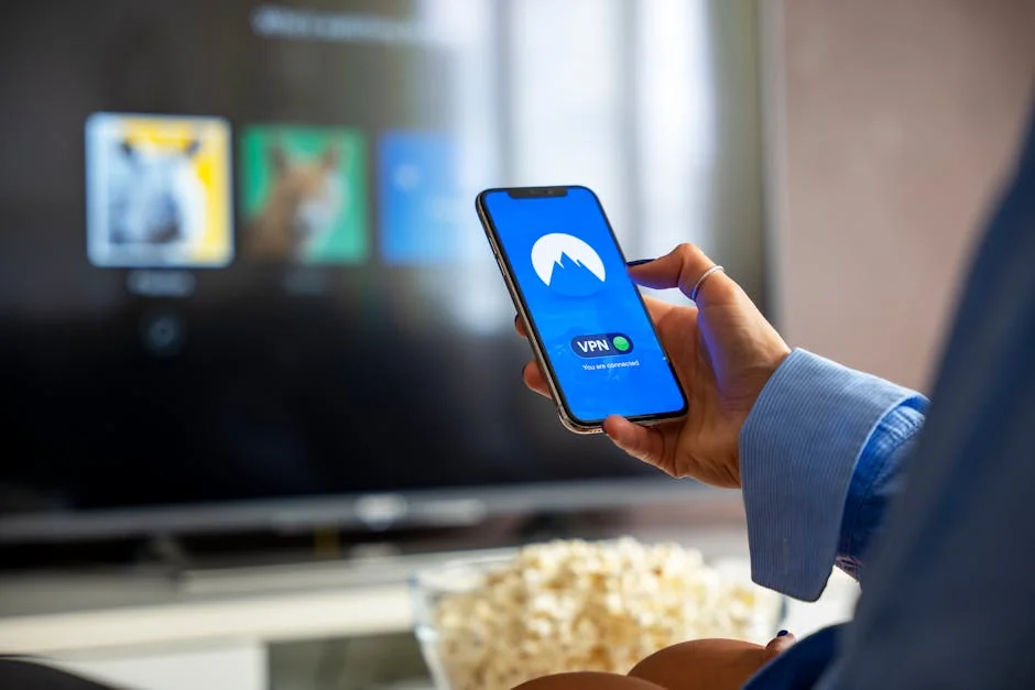 Person using VPN on smartphone while watching smart TV at home. - iptv m3u