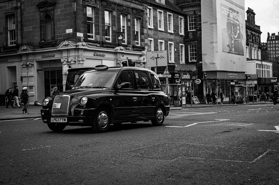 Black London taxi driving through a bustling city street, capturing the essence of urban life. - iptv uk