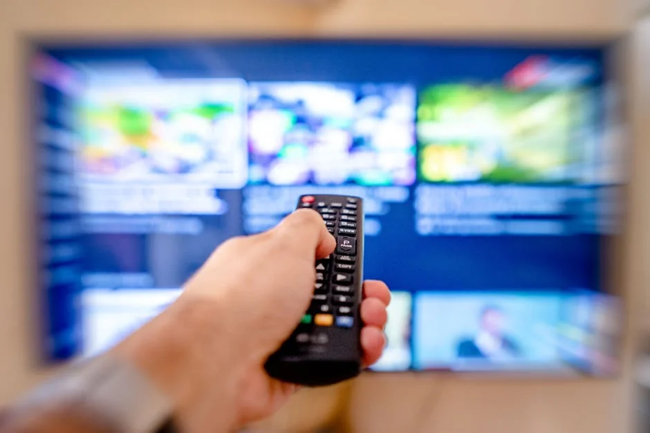 Hand holding remote control pointing at a blurred TV screen in a cozy indoor setting. - m3u iptv