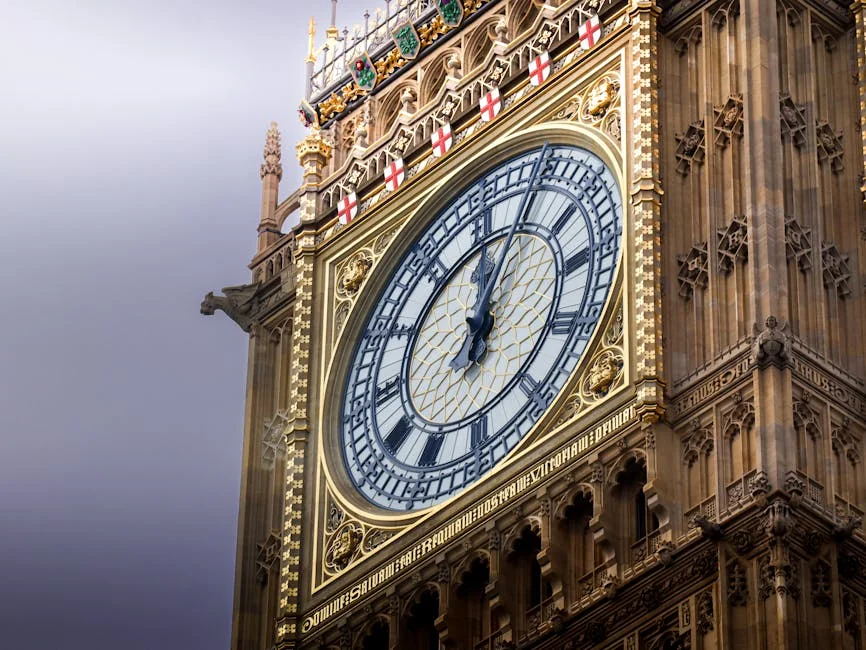 Detailed view of the iconic Big Ben clock face on a cloudy day in London, England. - iptv uk