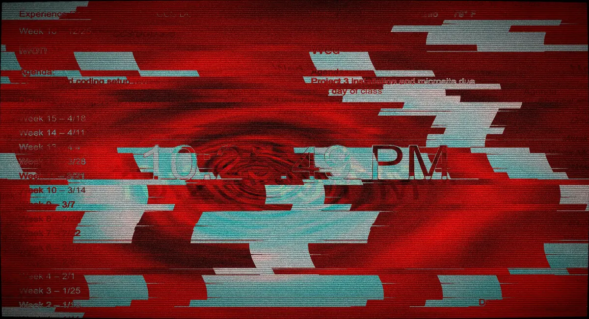 Glitchy red background with digital artifacts and text elements. - iptv code