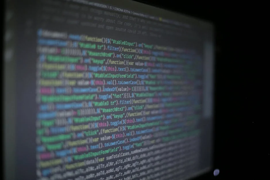 Close-up of colorful programming code on a blurred computer monitor. - iptv code 12 months