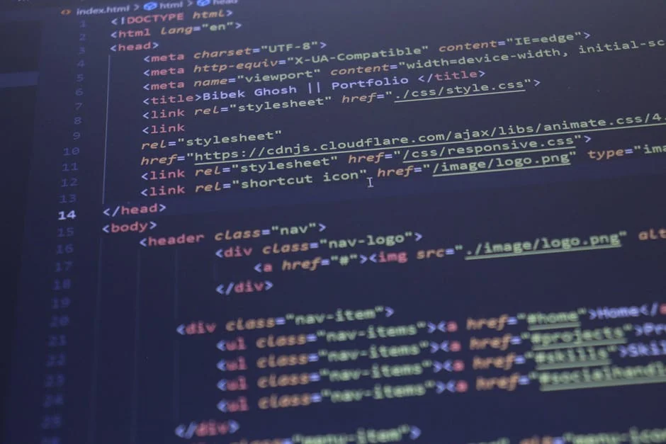 Close-up view of HTML and CSS code displayed on a computer screen, ideal for programming and technology themes. - iptv code 12 months