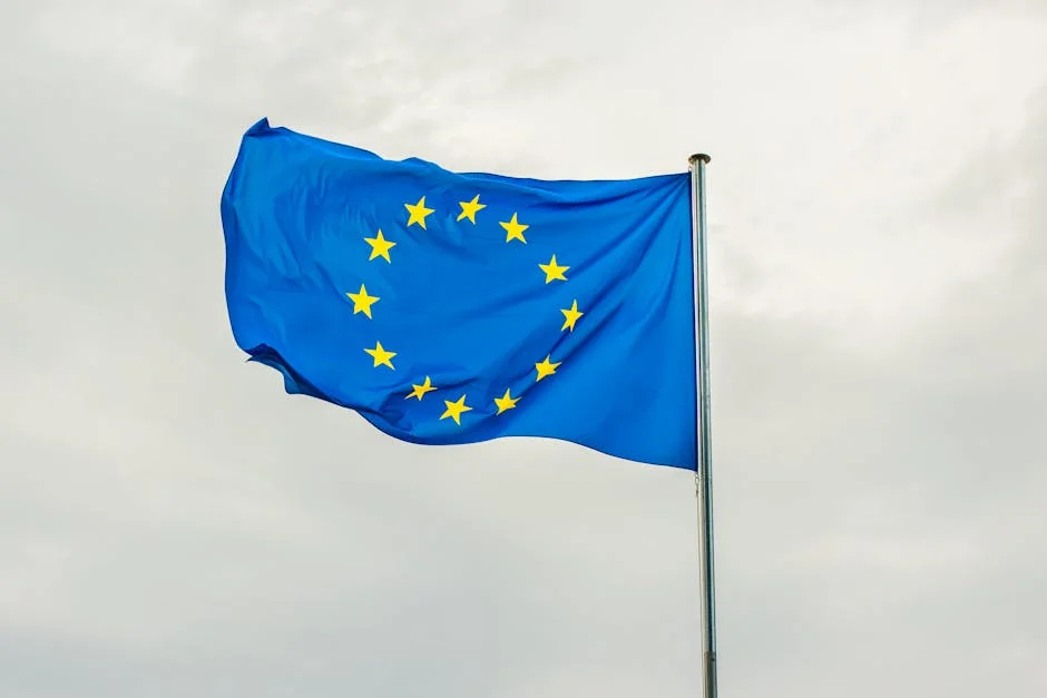 The European Union flag gracefully waving on a flagpole against a cloudy sky in Strasbourg, France. - iptv europe