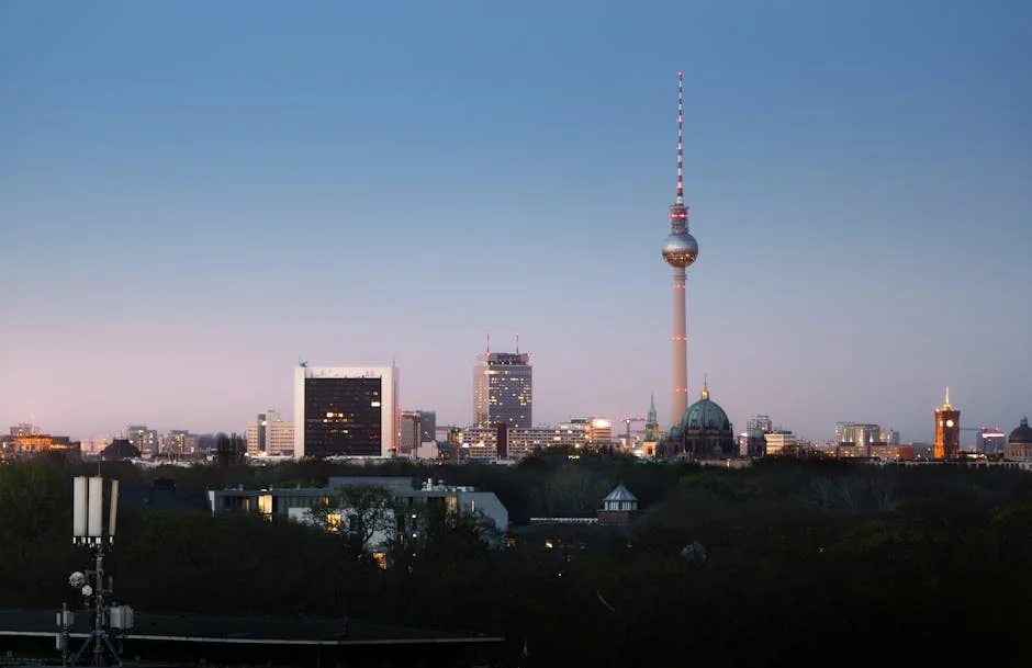 Beautiful twilight view of Berlin's skyline featuring the iconic TV tower and modern architecture. - iptv m3u germany 4k