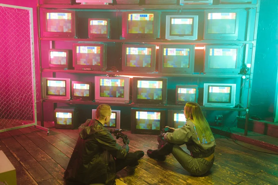 A cyberpunk inspired setting featuring two people with retro TVs displaying colorful test screens. - iptv kostenloser test