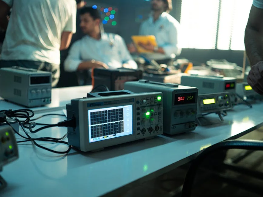 Engineers working in an electronics lab with oscilloscopes and other equipment on a bright day. - iptv kostenloser test