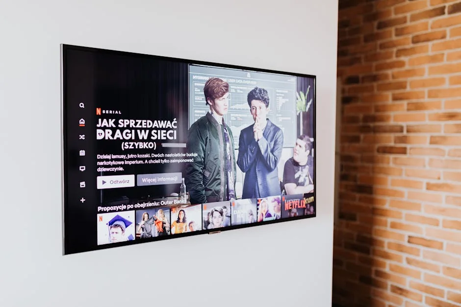 Smart TV displaying streaming content in modern living room setting with exposed brick wall. - iptv kostenloser test