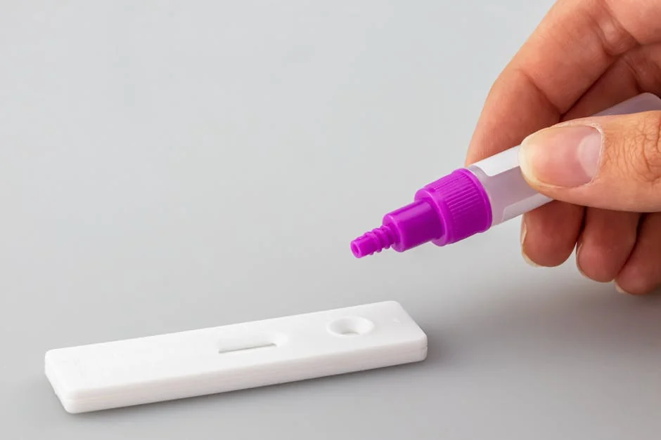 Close-up of a hand applying liquid on a rapid test kit, against a white surface. - iptv kostenloser test