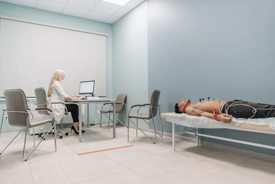 A medical professional monitors a man undergoing ECG procedure in a clinical setting. - iptv kostenloser test