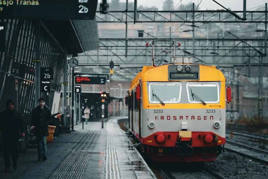 A vibrant train at Jönköping station on a cloudy day in Sweden, capturing Nordic architecture. - iptv livego swedish