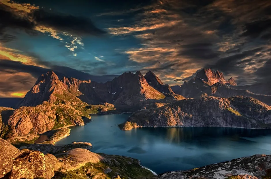 Breathtaking view of Nordland's rugged peaks and tranquil waters at sunset. - iptv nordic