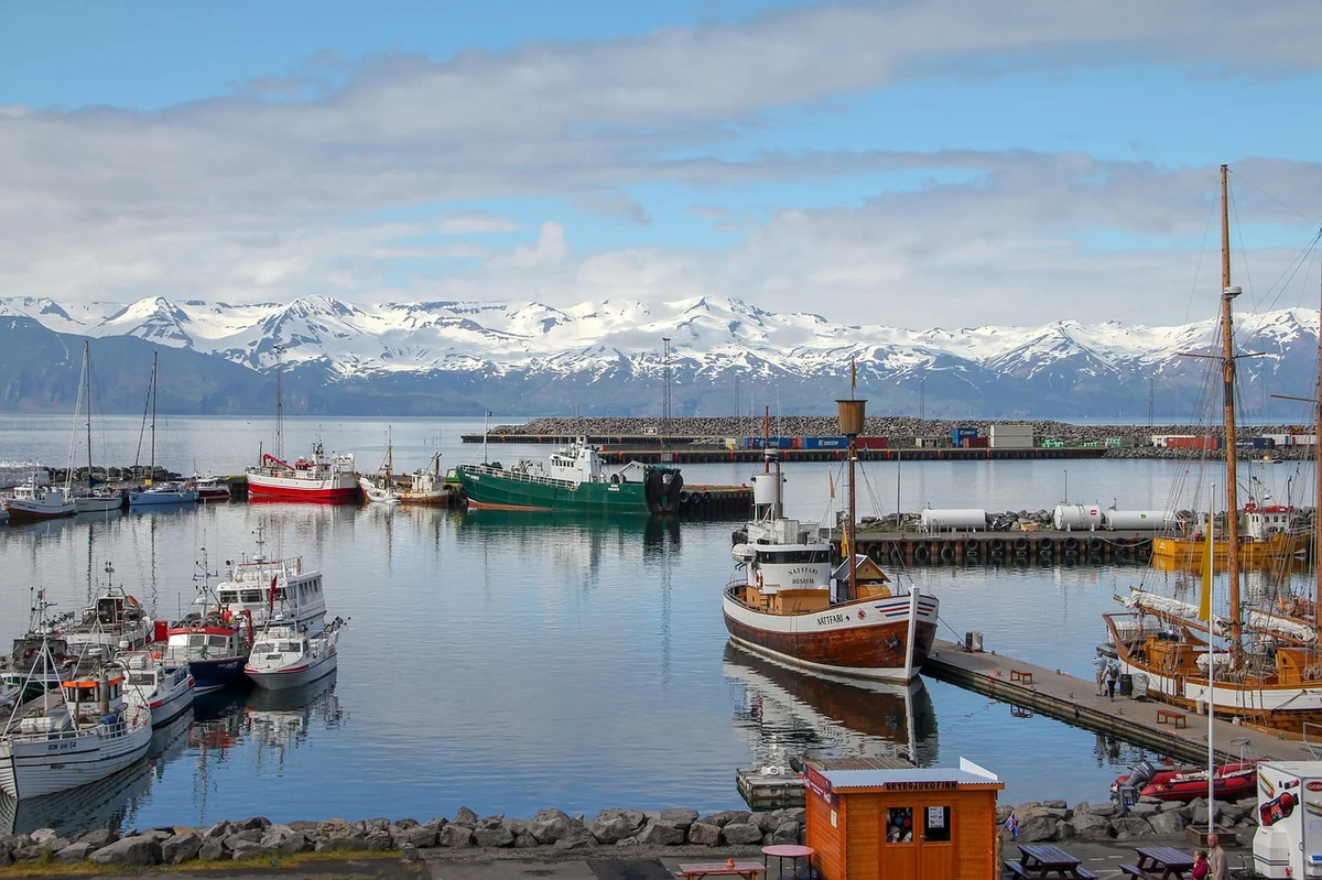 husavik, iceland, port, boats, nature, landscape, ship, sea, side, arctic, snow, travel, nordic, view - iptv nordic