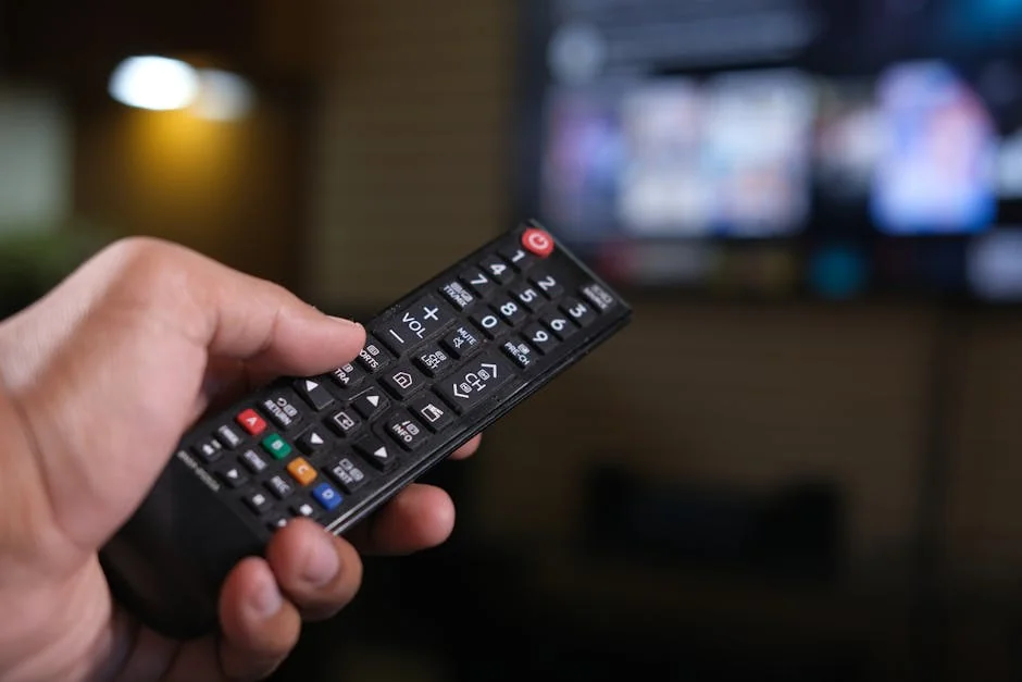 Person holding a remote control with a blurred TV screen in the background. - iptv reseller