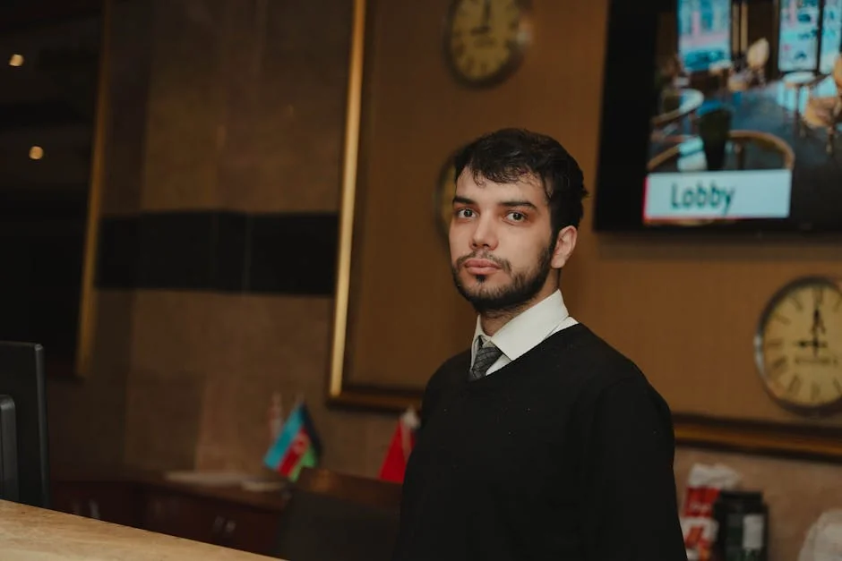 A hotel receptionist standing at the front desk in a hotel lobby, ready to assist guests. - iptv service