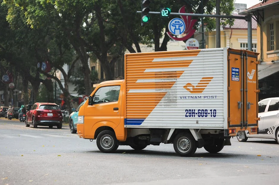 Vietnam Post truck navigating a bustling Hanoi intersection on a bright day. - iptv service