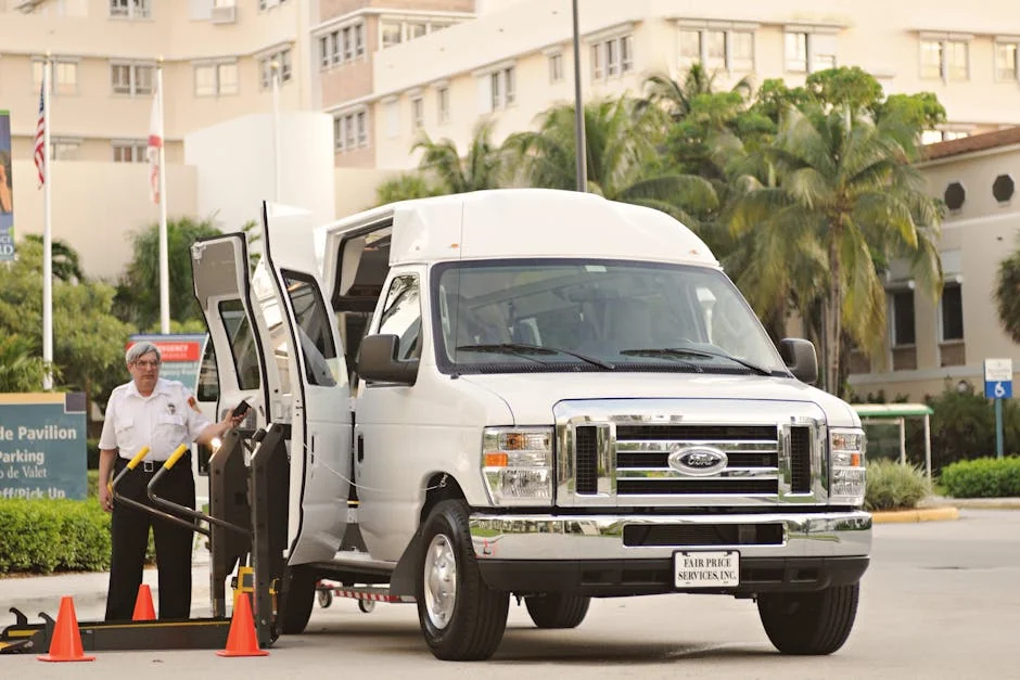 Accessible transportation van prepared for boarding with driver assistance in urban environment. - iptv service