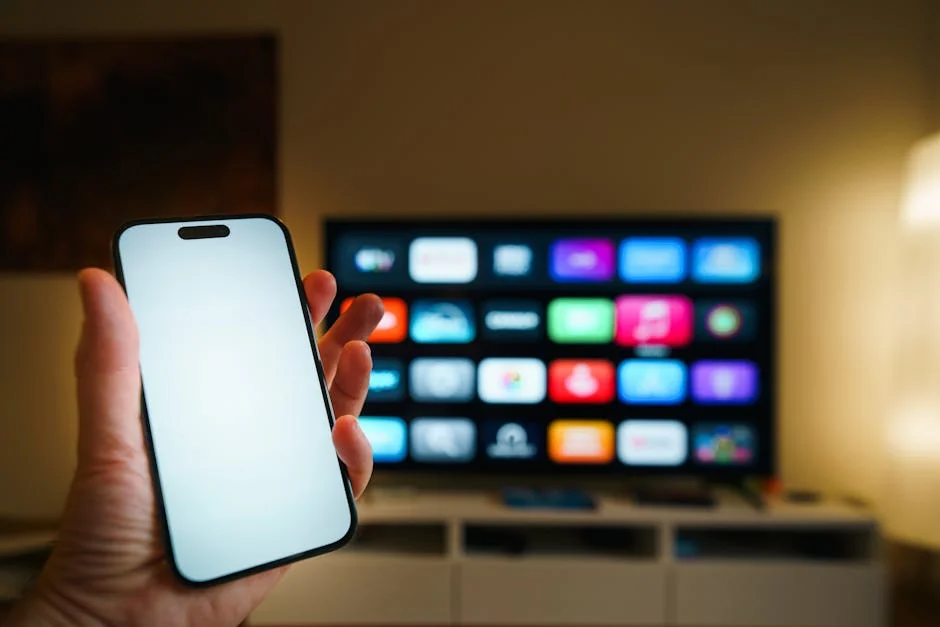 A smartphone in focus with a smart TV displaying apps in a cozy living room. - iptv subscriptions