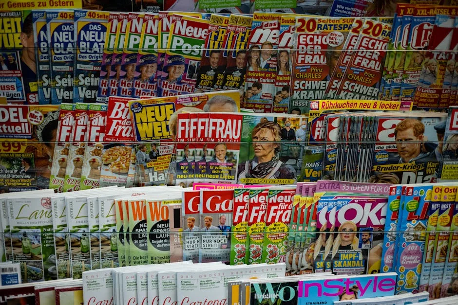 A vibrant display of magazines in a newsstand, showcasing various colorful covers and headlines. - iptv subscriptions