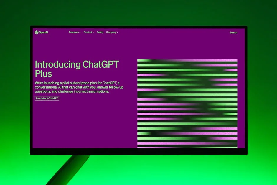 Close-up of a monitor displaying ChatGPT Plus introduction on a green background. - iptv subscriptions
