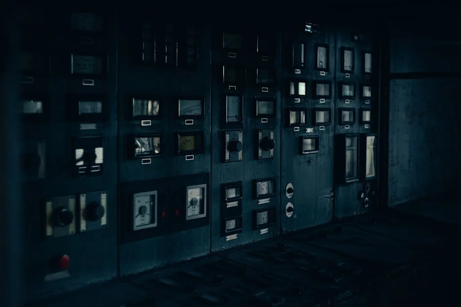 A dark, retro industrial control panel with dials and gauges in a maintenance room. - panel de revendeurs iptv