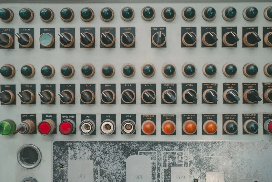 Close-up of a vintage industrial control panel with multiple buttons and switches. - panel de revendeurs iptv