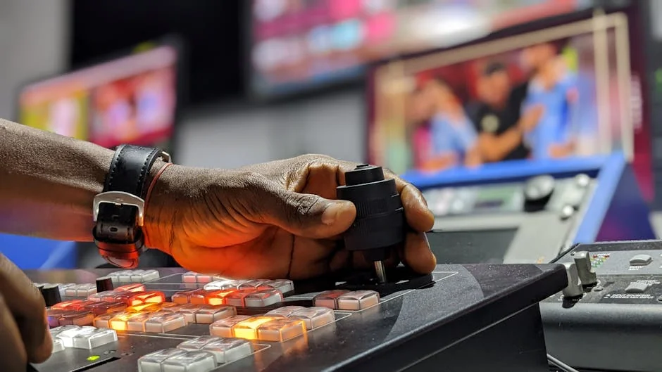 A hand operates a broadcast control mixer in a television studio setting. - panel de revendeurs iptv
