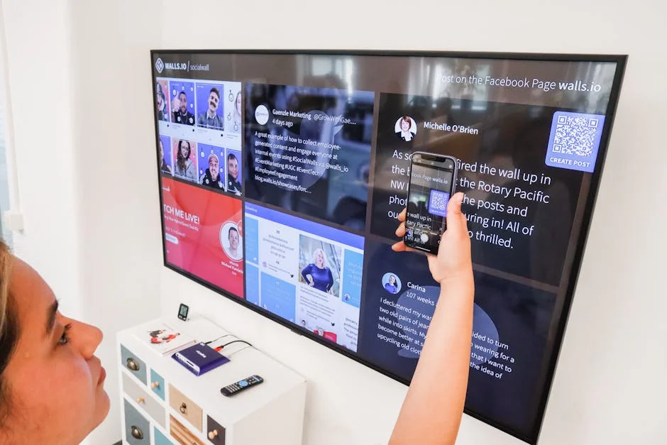 A woman uses a smartphone to scan a QR code on a digital wall display indoors. - panel de revendeurs iptv