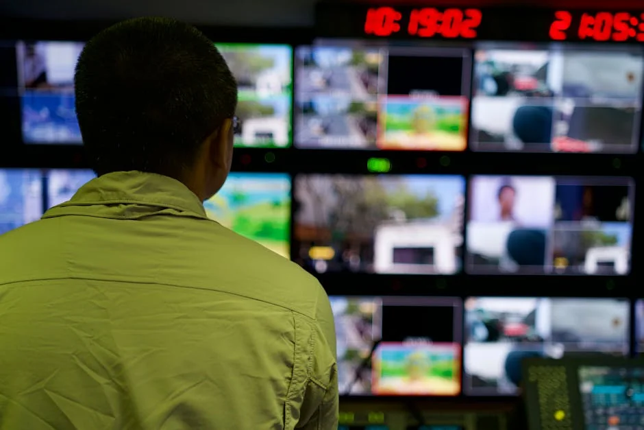 Man in a control room overseeing multiple monitors displaying various scenes. - panel de revendeurs iptv