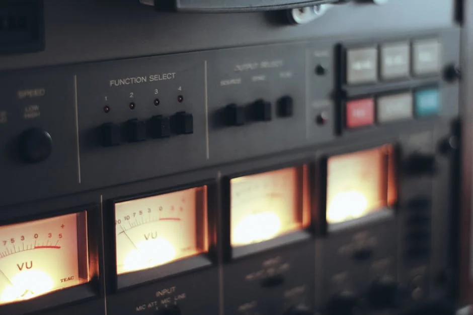 Close-up of a vintage tape recorder with illuminated VU meters and function controls. - panel de revendeurs iptv