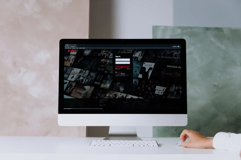 A modern desktop displays a streaming service interface, showcasing entertainment options in a minimalist office setting. - trex iptv