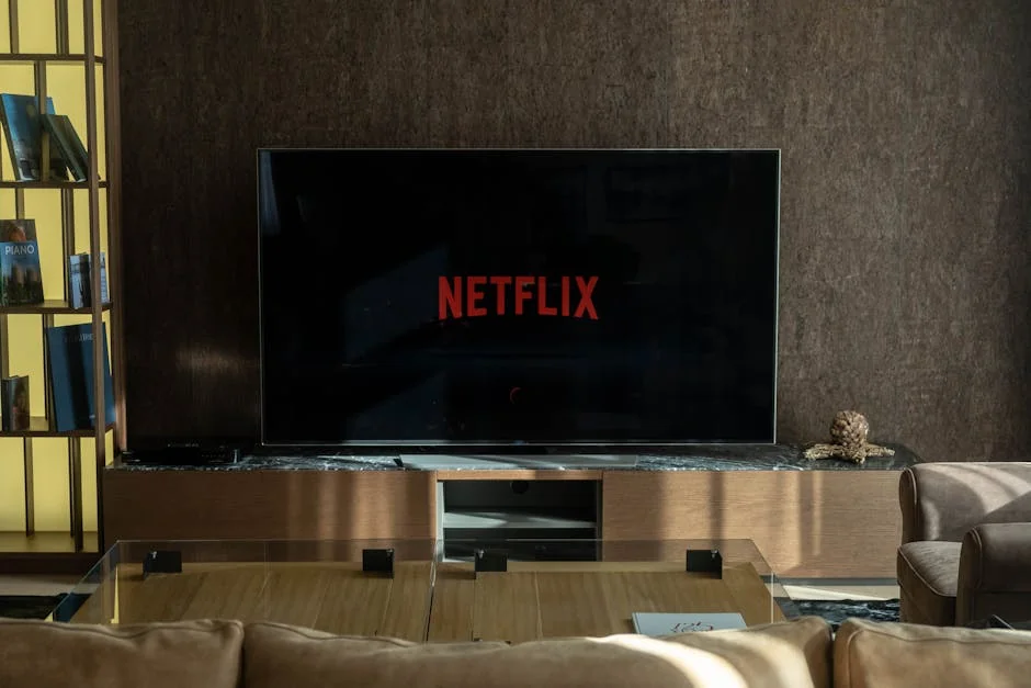 Cozy living room featuring a large TV displaying Netflix, perfect for entertainment. - trex iptv