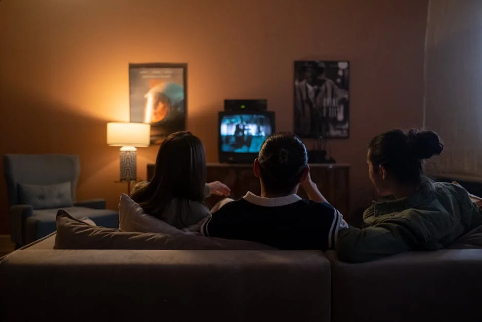 Three people enjoying a relaxed movie night at home, sitting on a couch in a cozy living room. - trex iptv