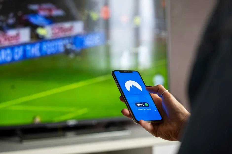 Close-up of a person holding a smartphone with a VPN app, streaming sports on TV. - trex iptv